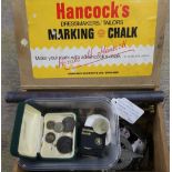 Card dressmakers chalk advertising box, a cased dairy thermometer, miniature brass anchor, fans,