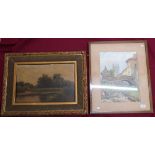 Framed and mounted watercolour of Helmsley signed MARC, and a Victorian oil on board river scene (2)