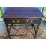 Late 18th C oak single drawer lowboy type side table with planked & pegged top, an four turned
