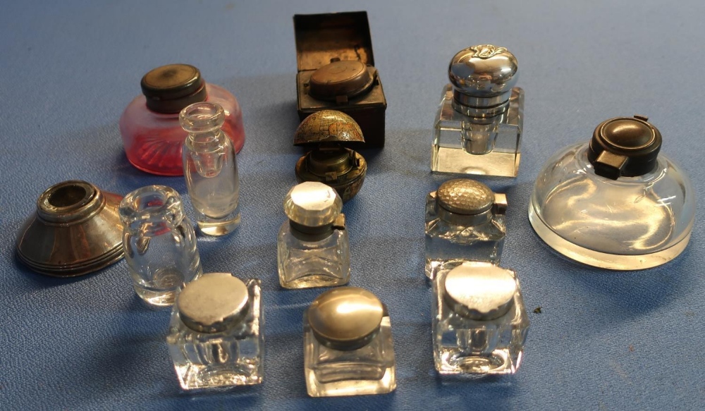 Collection of various assorted glass and other inkwells, travelling ink well, a Globe inkwell, a