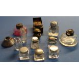 Collection of various assorted glass and other inkwells, travelling ink well, a Globe inkwell, a