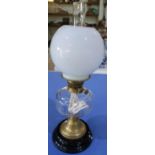 19th/20th C oil lamp with turned base, clear glass reservoir and opaque glass shade, complete with