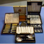 Three empty cutlery boxes, two cased sets of silver plated teaspoons, two other cased plated sets