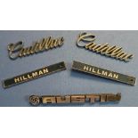 Small selection of car badges including Austin, Hillman and Cadillac (5)