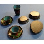 Two carved hardwood stands, Chinese carved stone two sectional mold, cloisonne drinking beaker