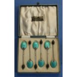 Cased set of six Birmingham 1929 silver hallmarked and enamel coffee bean spoons with gilt bowls