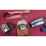 Large selection of vintage camera equipment, camera bodies, binoculars etc (two boxes)