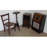 Mahogany bedside cabinet, cane seated bedroom chair, Victorian ebonised circular top occasional