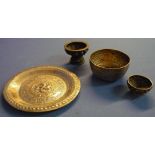 Eastern white metal bowl with embossed detail, two similar bowls and comport (4)