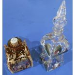 Large square pinched decanter with painted detail and another square form continental glass decanter
