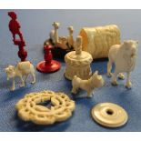 Selection of early 20th C carved ivory figures including Chinese chess pieces, animals, brooch etc