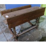 Vintage iron framed and pine double school bench with two inkwell recesses (width 90cm)