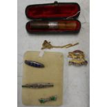 Cased cheroot holder with Birmingham silver hallmarked collar, gilt metal & enamel Leicestershire