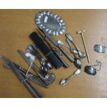 Selection of various plated salts, butter knives, toasting fork, Fisher cut throat razor, hat pin