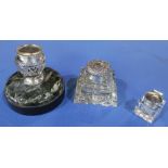 Three silver hallmark topped inkwells including a small cut glass inkwell with silver hallmarked