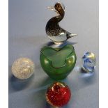 Collection of studio glassware including Lottz style vase, Wedgwood glass duck and paper weights (5)