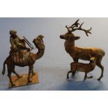 Painted Spelter figure on camels back and similar figure of a deer and fawn (approx height 11.