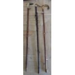 Three Shepard style sticks, two with carved sheep horn handles, one with a fish and the other a