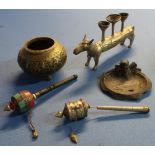 Eastern brass vase, two Tibetan type rattles, incense burner and a Japanese bronze type dish (5)