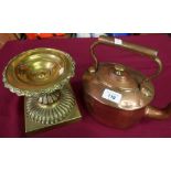 19th C brass comport garniture on square base (16cm high) and a Victorian copper kettle (2)