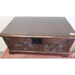 19th C rectangular carved oak three standing bible box with hinged lid (69cm x 42cm x 30cm)