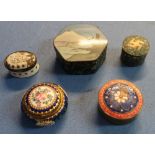 Continental enamel dressing table box, a 18th C enamel work patch box (A/F), and three other