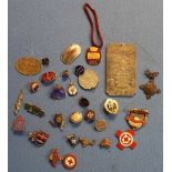 Chinese white metal token, various lapel badges, 1929 Red Cross enamel medal, Ripon Racecourse