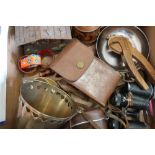 Binoculars, vintage cameras, oak biscuit barrel and other items in one box