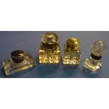 Selection of late 19th C and later glass inkwells, one novelty inkwell in the form of a dog, a