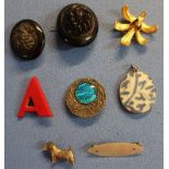 Collection of various brooches including two carved jet brooches, mother of pearl, silver and