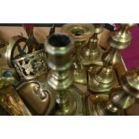 Pair of 19th C brass candlesticks with square bases, various other 19th C and later brass