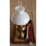 Modern brass oil lamp, coasters, embroidered oak framed tray, fans etc