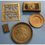 Art Deco style table box with lift off lid, two eastern chargers, a brass type abacus on marble