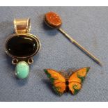 Mexican silver and hardstone pendant, enamel butterfly brooch and a stock pin (3)