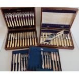 Walker & Hall mahogany cutlery box containing a set of six fish knives, forks and servers, two