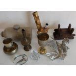 Pair of silver plated fighting cockerels, glass paperweights, stoneware hot water bottle etc