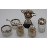 Pair of silver hallmarked rimmed glass salts, cut glass pepperettes with silver hallmarked tops,