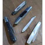 Silver hallmarked Mother of Pearl pocket knife, two other similar and two other vintage pocket