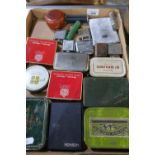 Box containing a selection of various assorted lighters, tobacco tins, boxed Ronson electronic