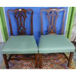 Pair of early 19th C mahogany broad seated dining chairs with upholstered seats, square supports and