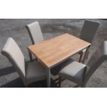 Light wood with painted base rectangular kitchen table and set of four cream leather dining chairs