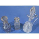 Early 19th C glass decanter of square form, another 19th C glass decanter and a 20th C quality cut