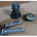Small mounted cast metal pewter type pugs head with inset glass eyes, eastern brass and stone