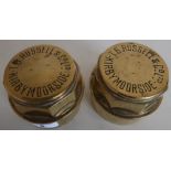 Pair of brass carriage wheel hub caps marked T. B. Russell & Co Ltd, Kirbymoorside