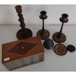 Pair of arts and crafts style candlesticks, an oak barley twist candlestick and various other