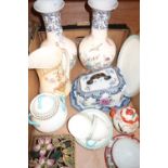 Pair of Continental vases, Japanese teapot and various other 19th C and later ceramics in one box