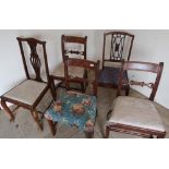 Set of three 19th C mahogany dining chairs with drop in seats, H shaped understretchers and square