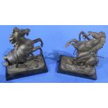 Pair of gilt metal Marly horses on rectangular stone plinths (13cm high)