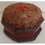 19th C oak footstool with wool-work upholstered top, on three white ceramic bun feet (27cm x 27cm