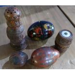 Turned and carved wood rattle in the form of an egg, similar Eastern carved wood items, and a carved